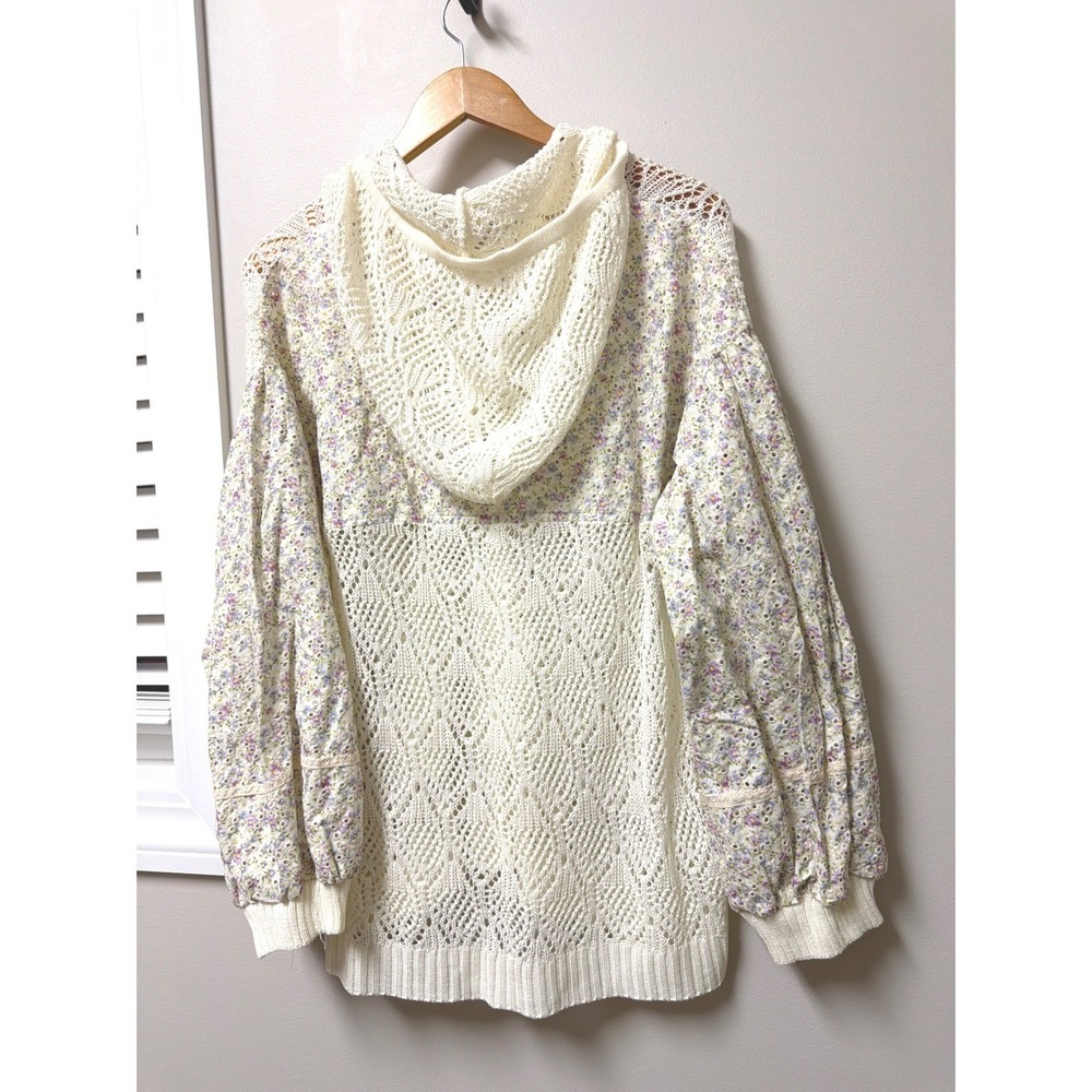 POL Crochet Knit Floral Puff Sleeve Hooded Cardigan Sweater Cream M Y2K Coquette - Picture 12 of 12